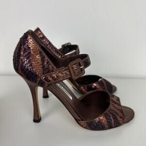 Manolo Blahnik Womens Caldo Sequin Animal Open Toe Bronze Stiletto Heels 35.5